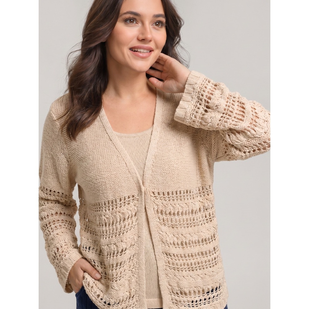 Sundance Womens‎ Beige Crochet Open Knit Snap Front Cardigan Sweater Large L